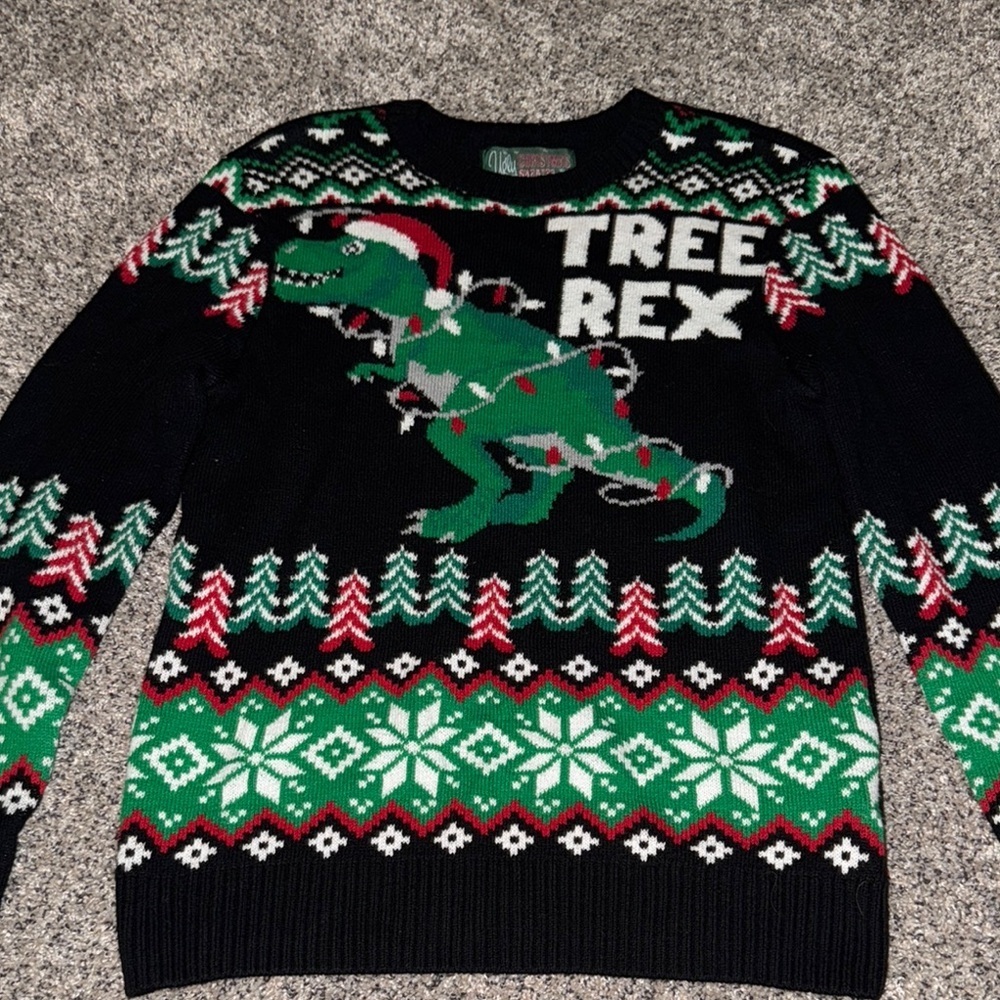 Ugly Christmas Sweater Black and Green Crewneck with Festive Tree Rex